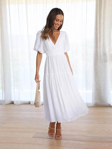Image of Women's Summer Deep V Neck Puff Short Sleeve Tiered Maxi Dress Flowy A Line Long Dresses