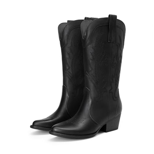 Image of DREAM PAIRS Women's Cowboy Cowgirl Boots Embroidered Pointed Toe Low Heel Western Mid Calf Boot for Theme Party Country Concert