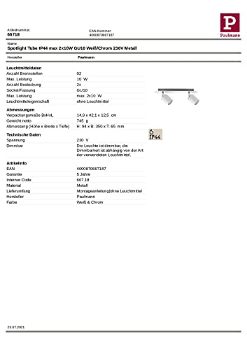 Paulmann 66718 Spots Tube, IP44, max. 2x10W, GU10, Blanc/Chrome, 230V, Métal - Image 4
