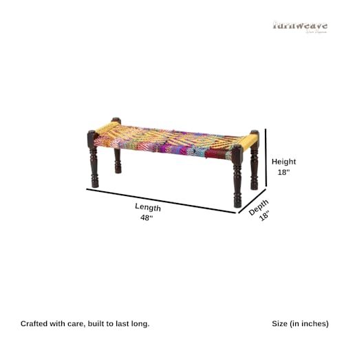 Image of Wooden Bench for Seating | Handcrafted Sheesham Wood Bench for Living Room, Balcony & Garden | Traditional Patio for Outdoor with Chindi Handwoven Rope | Yellow and Multicolor