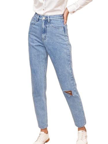Sorrica Women's Juniors Boyfriend Jean Straight-Leg Mom Denim Pants (US 12-14, Light Blue)