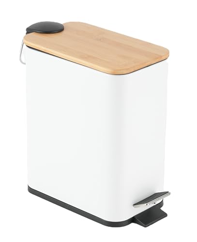 HOMION Cubo de basura con pedales para baño, 5 L, delgado, rectangular, extraíble, fácil de limpiar, acero inoxidable de 5 litros (blanco con tapa de bambú)