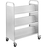 BestEquip Book Cart, 200LBS Library Cart, 49.2''x35.4''x18.9'' Rolling Book Cart, Double Sided W-Shaped Sloped Shelves with Lockable Wheels for Home Shelves Office School Book Truck White