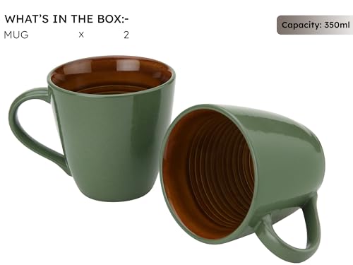 Image of Bodhi House Handcrafted Ceramic Coffee Mug Set of 2 Pieces (350 Ml), Stoneware Tea Cup, Microwave Safe Large Milk Mug, Glossy Finish, Ideal for Daily use, Casual Gatherings and Gifting, Forest Green