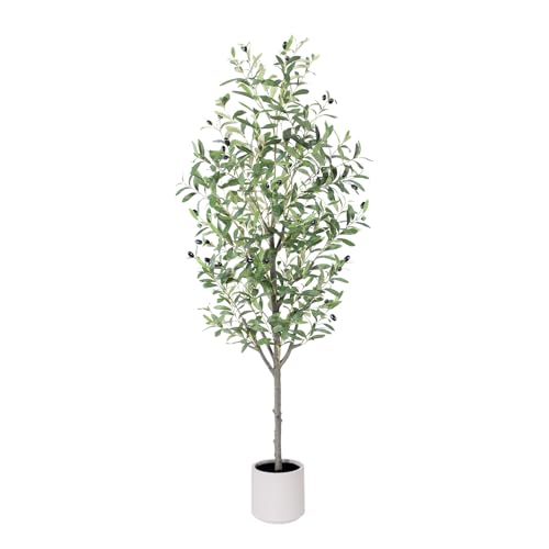 AQUGQ Olive Tree Artificial Indoor, 5ft Tall Silk Faux Olive Tree with White Planter, Artificial...