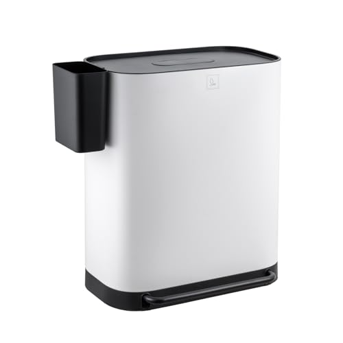 SVITA MLT2X30 Mülleimer 2 x 30 Liter Treteimer Abfalleimer 60 Liter mit 2 Fächern mit zusatz Fach freistehend mit Deckel inkl. Inneneimer für Küche in Weiß