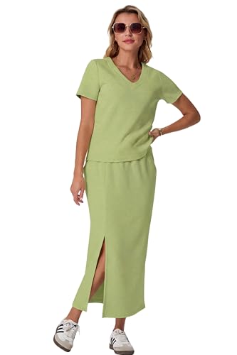 Image of GRECERELLE Women Summer Casual 2 Piece Sets V-Neck Wrinkle-Free Top & Elastic Waist Midi Side Slit Skirt with Pockets