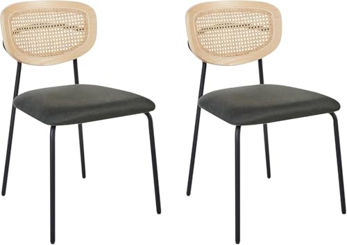 Juego de 2 sillas de comedor modernas, con respaldo de ratán de mimbre vienés, asiento de poliéster, diseño sin brazos, patas negras y esquema de color verde oscuro Mayetta