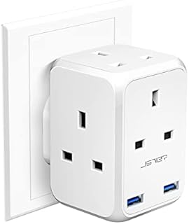 4 Way Plug Adapter USB, JSVER Multi Plug Extension UK with 2 USB Ports 13A Multiplug Socket Adapter for Phone,Tablet White
