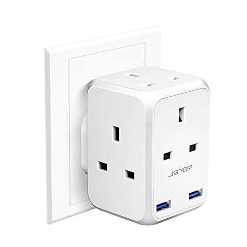 4 Way Plug Adapter USB JSVER Multi Plug Extension UK with 2 USB Ports 13A Multiplug Socket Adapter for Phone Tablet White