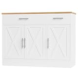 Shintenchi Modern Farmhouse Sideboard Buffet Cabinet with Storage with 3 Doors,42' Barn Doors Buffet Cabinet with Storage, Wood Coffee Bar Cabinet with Adjustable Shelf for Kitchen Living Room,White