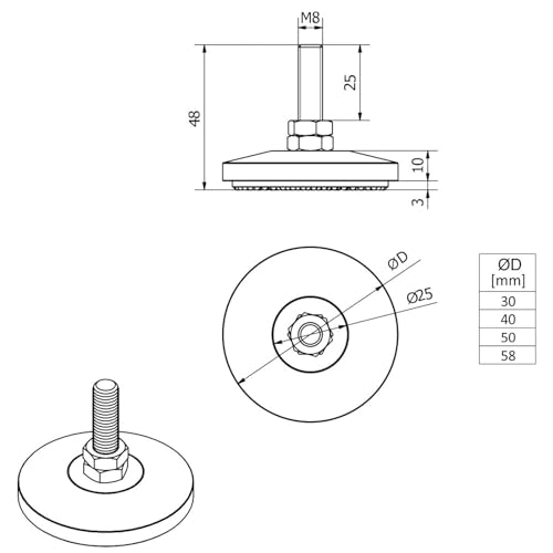 4 Stück Verstellschrauben M8 x 30 mm Ø 40 mm echt Edelstahl (SS201) höhenverstellbar mit Gummi-Fußteil Möbelfüße Verstellfüße Stellfüße Sockelfüße Möbeljustierschrauben von SOTECH