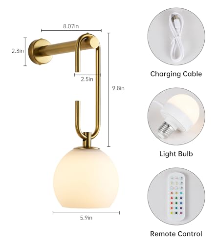 Image of Glass Globe Wall Sconces Set of 2, Battery Operated Wall Light with Remote, Indoor Wireless Dimmable 12RGB Colors Light Bulbs for Bedroom Living Room Hallway(Brass)
