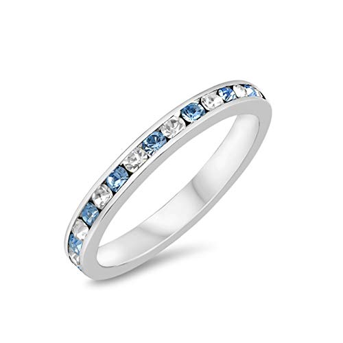 Blue Apple Co. 3mm Full Eternity Band Channel Setting Round Sterling Silver Simulated Aquamarine & Clear Cubic Zirconia 925 Sterling Silver Size-4