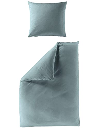 Bierbaum Biber Bettwäsche Uni 3292 weiche Flauschige Bettwäsche-Garnitur mit dezentem Fischgratmuster 155 cm x 220 cm Jade grün
