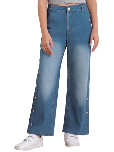 Fashion Girls Elastic Waist Denim Jeans Wide Leg Baggy Pants with Back Pockets for Girls 6-16 Years