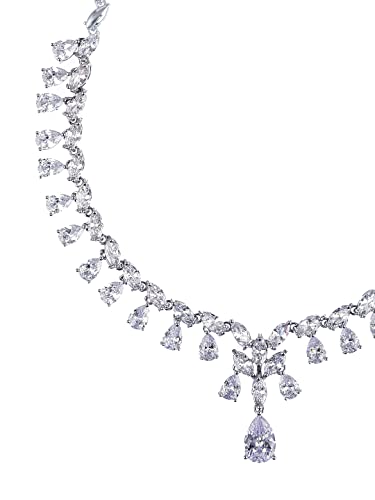 Image of Yellow Chimes Jewellery Set for Women Rhodium Plated Cubic Zircon Silver Necklace with Earring Set Floral Design Classic CZ Stoned Jewellery Set for Women and Girls