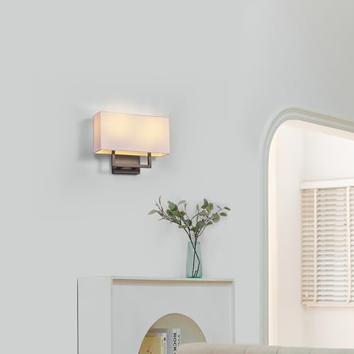 Image of Globe Electric 2-Light Wall Sconce, Matte Black, White Linen Shade, Rectangular Cutout Body, Dimmable, 65000081