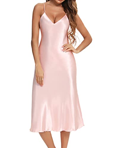 Litherday Long Satin Nightgowns for Women Sexy Silk Slip Dress Silky Sleep Dress Nighties Nightdress Spaghetti Strap Chemise Soft V Neck Nightwear Medium