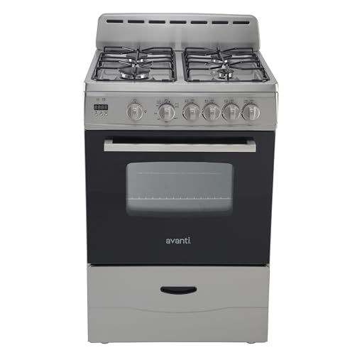 Avanti Gas Range Oven, Compact Freestanding Design, 4 Sealed Burners with Electronic Ignition, 2.6 Cu.Ft. Capacity Features Glass Door Storage Drawer Broiler and Accessories, 24-Inch, Stainless Steel