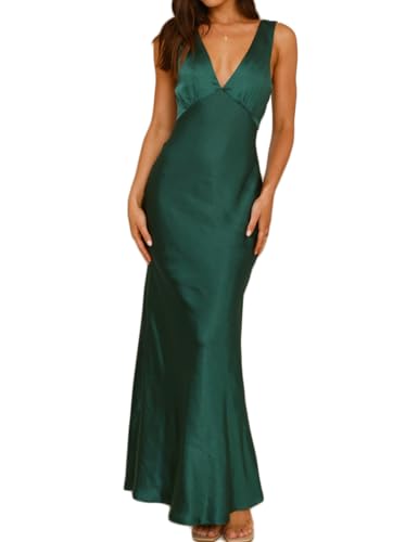 Gmeitoey Maxikleid aus Satin mit V-Ausschnitt, Smaragd, X-Klein