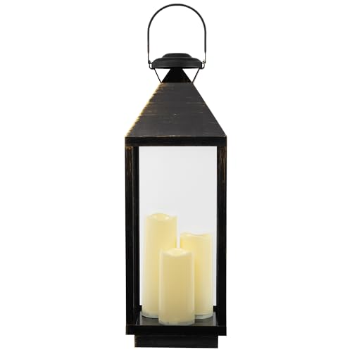 Image of Lantern with Flameless LED Candles - 24 inch - Gold and Brushed Black