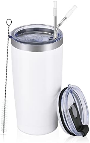 Futtumy Stainless Steel Travel Tumbler, 20 Oz Tumbler with 2 Lids and Straws, Insulated Coffee Tumbler, Double Wall Travel Tumbler, Thermal Cup, Powder Coated Coffee Cup for Hot Cold Drinks (White)