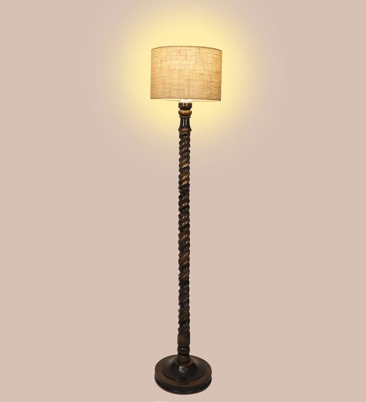 Image of tu casa Mango Wooden Floor Lamps with Spiral Base & Off-White Shade for Home Decor, Bedrooms Corner, Living Room, Gifting, Diwali Decoration, Office, Study Room (Height: - 56 inch) - Bulb not Included