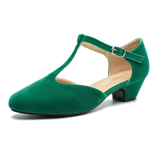 Image of MAIERNISI JESSI Women's T-Strap Mary Jane Pumps, Low Block Heel, Closed Toe, Buckle Ankle Strap