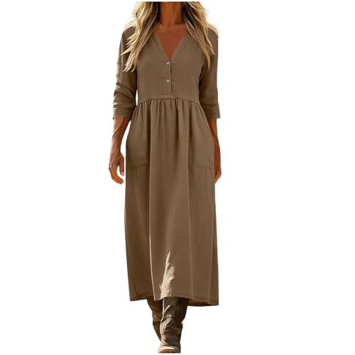 Image of Women's Vintage Dresses Linen V Neck Button Front Midi Dress 3/4 Sleeve Empire Waist Gathered Flowy A Line Dress with Pockets Loose Fit Casual Plain Sundress for Vacation Going Out Brown