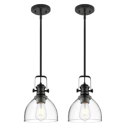 Image of 7.5 inch 2-Pack Black Pendant Lights Kitchen Island, Seeded Glass | Farmhouse Vintage Hanging Light for Dining Room, Clear Seeded Glass Shade, Adjustable Height Rod, E26 Base, AD-22151-1P2-BK-G
