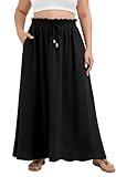 Lastshe Plus Size Maxi Skirts for Women Summer Classic Boho Pleated Elastic High Waist A-line Long Skirt with Pockets,Black,2X
