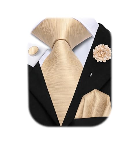 Image of Hi-Tie Men Silk Ties Set with Flower Lapel Pin Necktie Pocket Square Cufflinks for Tuxedo Wedding Business