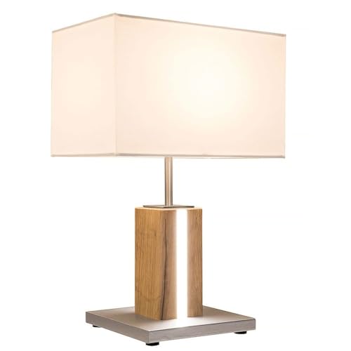 etc-shop Nachttischleuchte Textil weiß Tischleuchte Holz Eiche Tischlampe Holz Landhaus, Stripe dimmbar, 1x E27 1x LED 5 Watt, H 48 cm