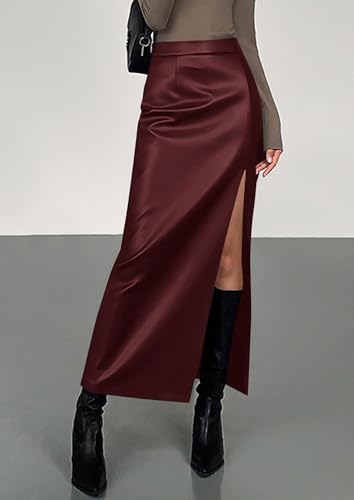 PRETTYGARDEN Womens Faux Leather Skirts 2025 Fall Fashion Bodycon High Waisted Slit Work Office Winter Maxi Long Pencil Skirt