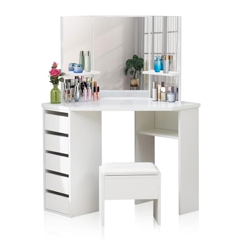 Coiffeuse avec Miroir Triptyque et Tabouret, Coiffeuse d'angle Miroir Tabouret 2 Compartiments 5 Tiroirs, Table de Maquillage Blanc Moderne Femme Cadeau (sans LED)