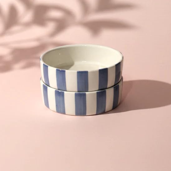 Coastal Stripes Multipurpose Ceramic Bowls Pack of 2, Handmade, Lead Free, Salads, Serving, Snacks, Pasta Bowls Microwave and Dishwasher Safe (Blue, 400ml)