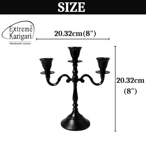 Image of Aluminum 3-Arm 8inch Black Candelabra for Dining Table | Vintage Candle Stand for Romantic Dinner, Home & Wedding Decor