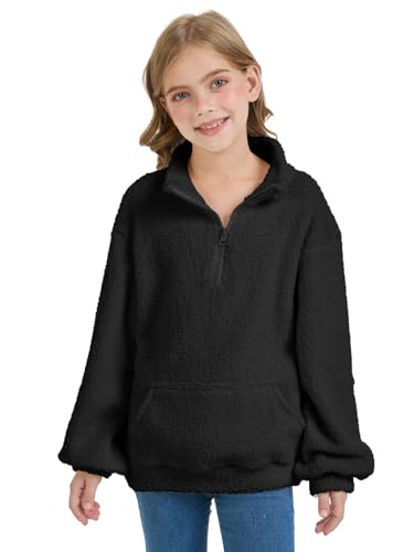 Girls Half Zip Outerwear Jacket Kids Oversized Jackets Zipper Fuzzy Warm Sweatshirt with Pockets 5-14 years2
