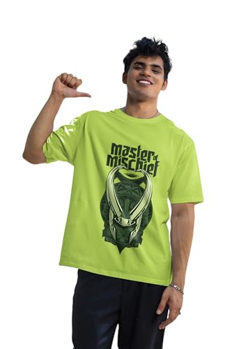 Image of SYOM Men's Oversized Graphic T-Shirt - Half Sleeve, Round Neck, Cotton-Blend Drop Shoulder Tee with inchLoki inch Logo & inchMaster Mischief inch Print