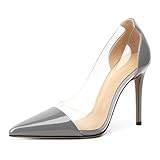 Eldof Womens High Heel Clear Pumps | 10cm Pointed Cap Toe Transparent PVC Stilettos | Wedding Dress Event Pumps Shoes Gray Patent US6.5