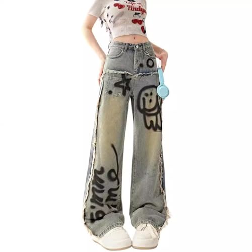 Casual Y2K Straight Wide Leg Jeans Fashion Vintage Gradual Graphic Printing Fringe High Waisted Denim Pants2