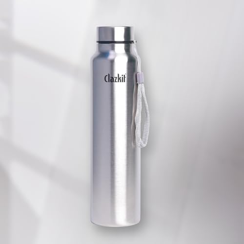 Clazkit Stainless Steel Water Bottle, 1000 ml - Single-Walled, Spill-Proof, Food Grade Steel | Fridge, Office, School, Travel, Gym, Car (Silver)