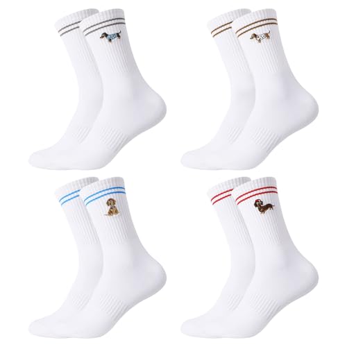 Utensilsto 4 Paar Dackel Socken Dackel Geschenke Lustige Socken Atmungsaktive Dackelsocken für Damen Herren Baumwolle Bestickte Tennissocken Motiv für Hundebesitzer