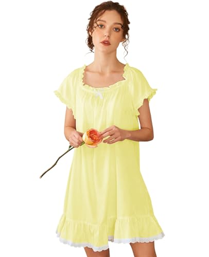 Image of Nanxson Women's Cotton Nightgown Short Sleeve Sleepwear Vintage Nightshirt | Summer Victorian Sleepdress,White Sleepshirt,U Neck Lace Loungewear,Soft Nightshirt,Loose Loungedress,Bride Nightwear