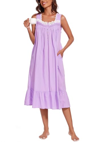 Image of AVIIER 100% Cotton Nightgowns for Women Sleeveless Sleep Dress Ladies Gowns Sleepwear with Pockets