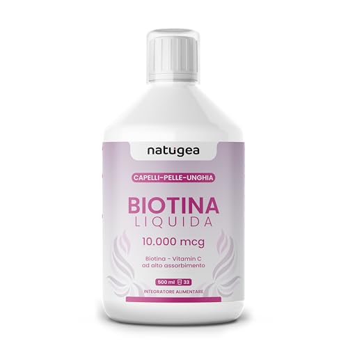 Natugea - Biotina Capelli Liquida, Integratore Capelli, Pelle e Unghie, Integratore Alimentare con Biotina 10000 mcg ad Alto Assorbimento, Privo di OGM, Formula Liquida e Vegana, 500 ml