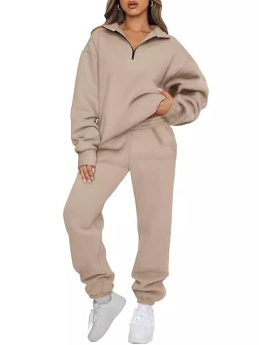 JFAN Conjunto Chandal Mujer 2 Piezas Traje Top Manga Larga con Media Cremallera Conjunto Chandal Pantalones Deportivos Casuales Sudadera Café Claro M