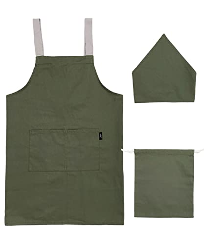 [Ｄｅａｒ　Ｃｏｌｏｇｎｅ] エプロン キッズ 3点セット こども 綿100% コットン かぶり 三角巾 収納袋付き 巾着 小学生 中学年 高学年 調理実習 dk082 カーキ M(140-150cm)