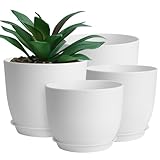 Whonline Plastic Plant Pots, 4 Pack 10/9/8/6 Inch Large Planters White Flower Pots for Indoor Outdoor Plants with Drainage Hole and Tray, Modern Decorative Pots for Home Garden